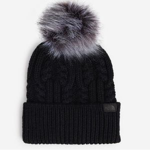 The North Face Oh Mega Fur Pom Cable Knit Black Beanie